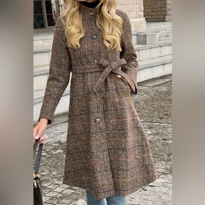 Plaid Button Up Belted Overcoat Size L